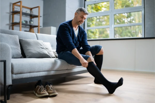 Man sitting on couch putting socks on